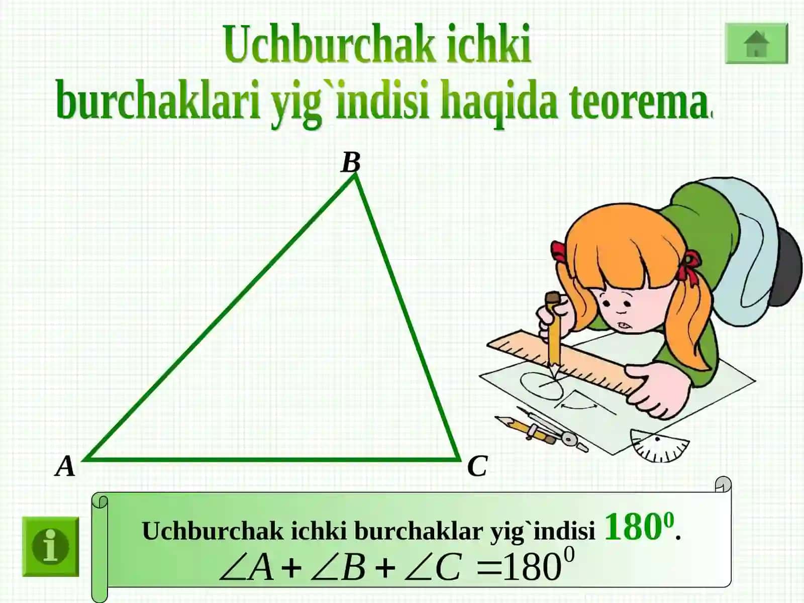 Uchburchar ichki burchaklari yig`indisi.Masala yechish 3