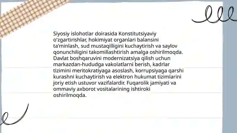 Yangi Oʻzbekiston ijtimoiy siyosiy iqtisodiy va madaniy hayotida roʻy berayotgan oʻzgarishlar 3