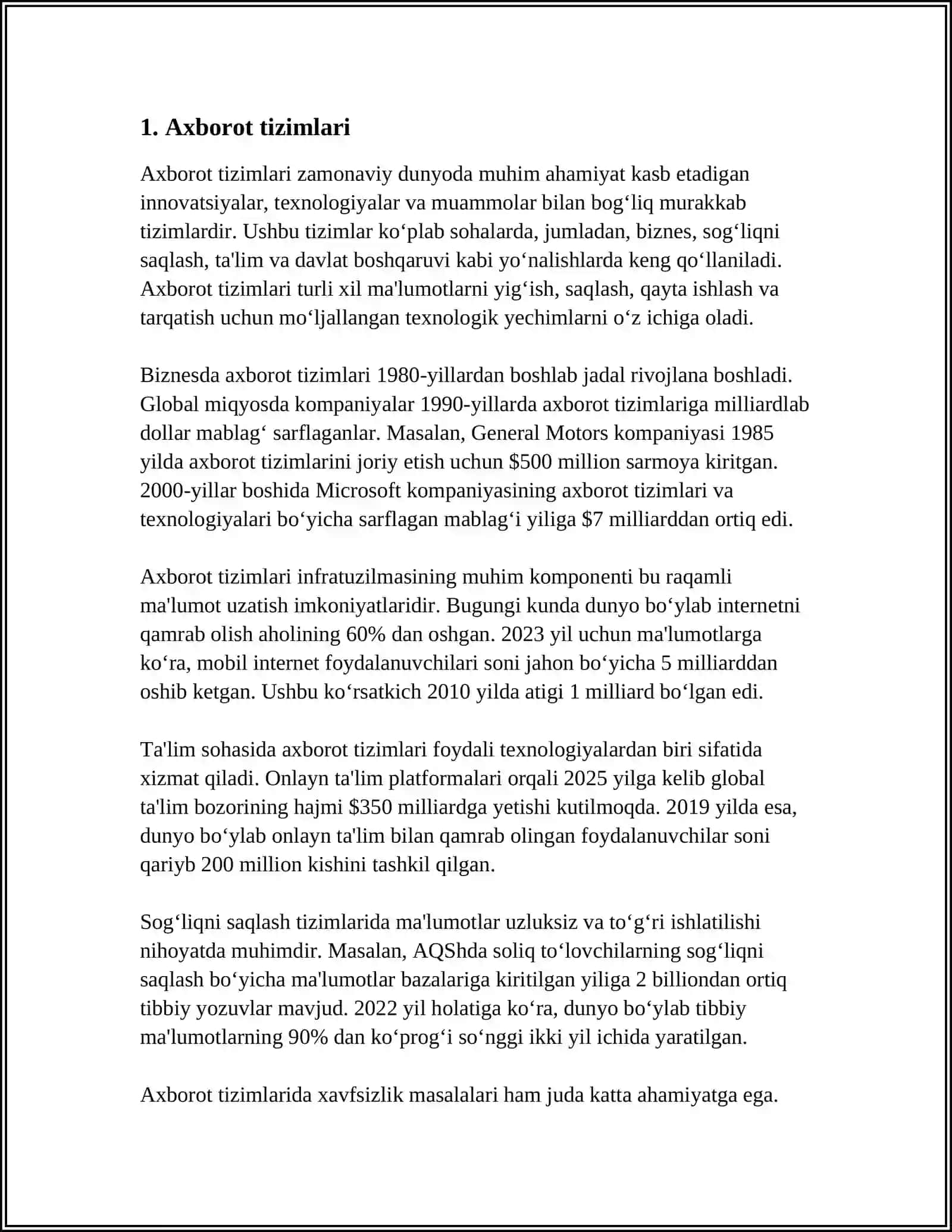 AXBOROT TEXNOLOGIYALARI, AXBOROT TUSHUNCHALARI 3