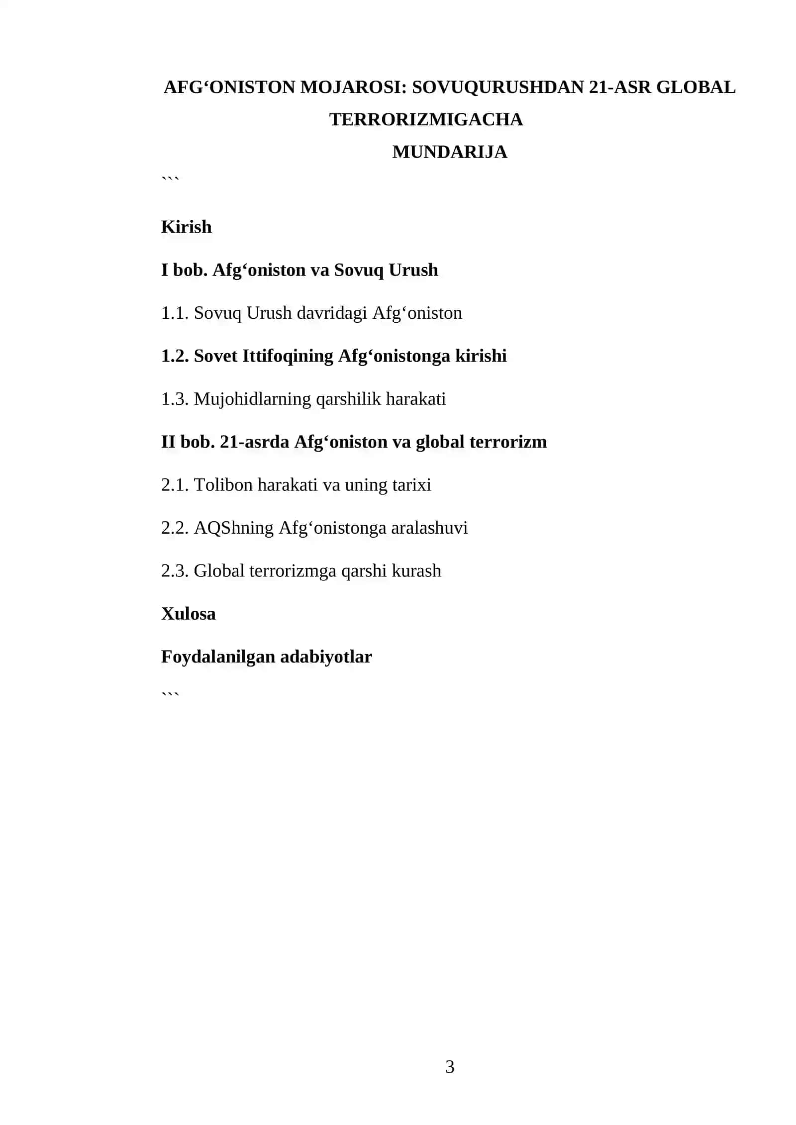 AFGʻONISTON MOJAROSI: SOVUQURUSHDAN 21-ASR GLOBAL TERRORIZMIGACHA KURS ISHI 3