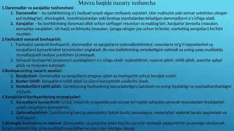 Daromadlari va xarajatlari, faoliyatini samarali boshqarish masalalari 3