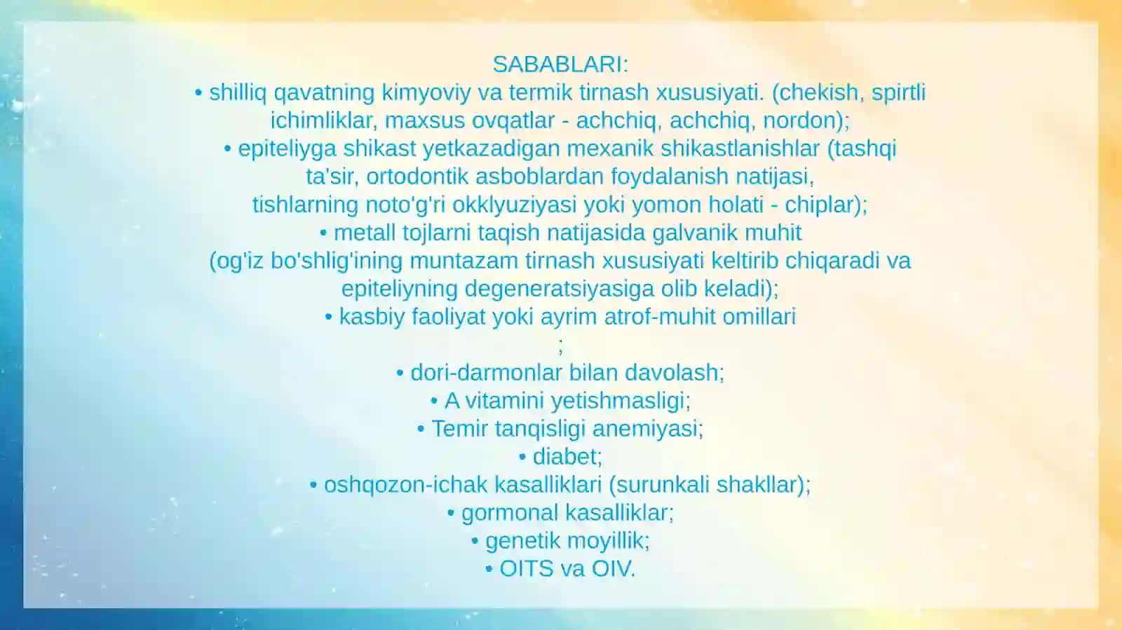 Leykoplakiya. Etiologiyasivatashxislash usullari 3