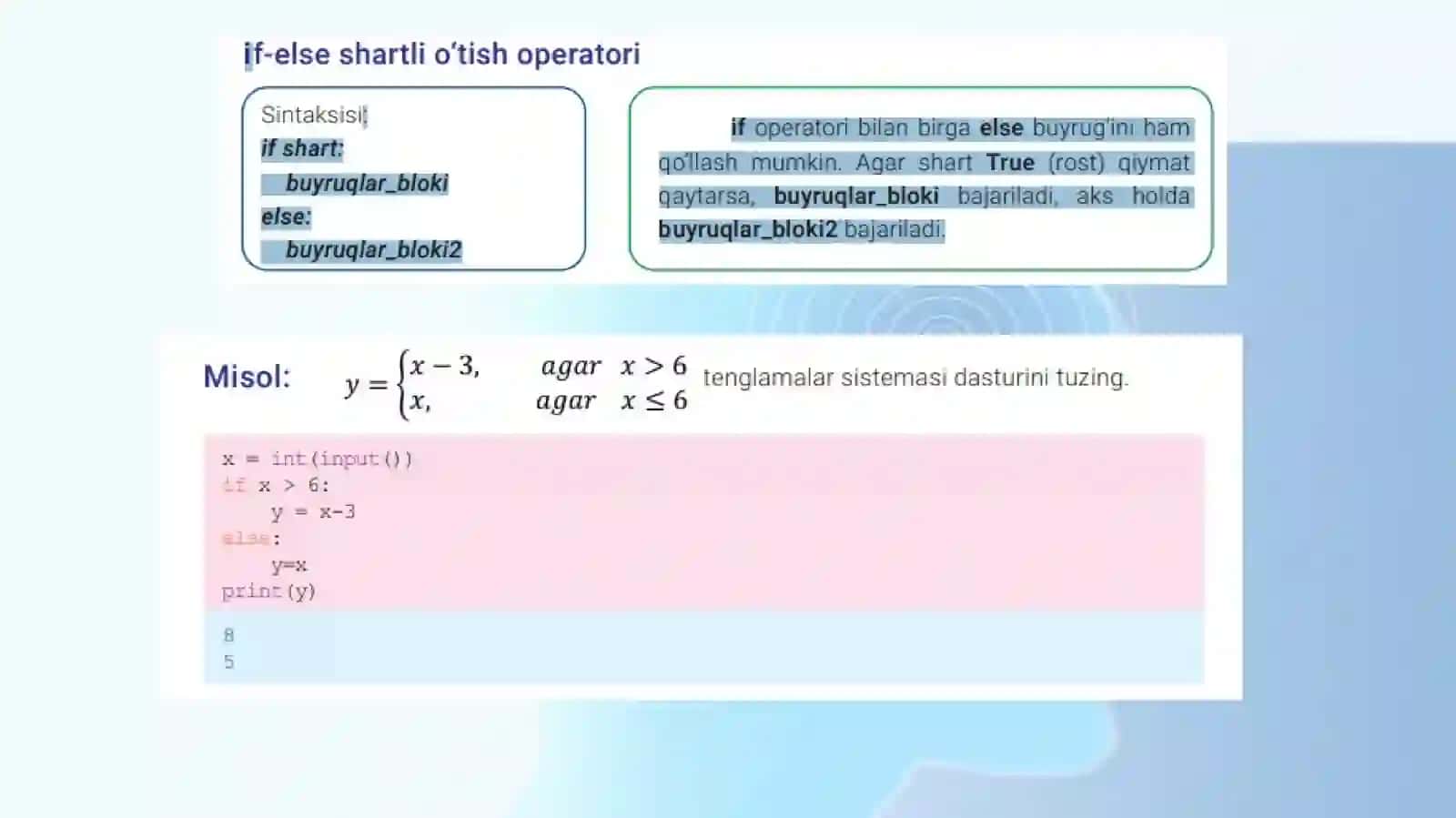 TARMOQLANUVCHIALGORITMLARNI DASTURLASH. IF…ELSE OPERATOR 3