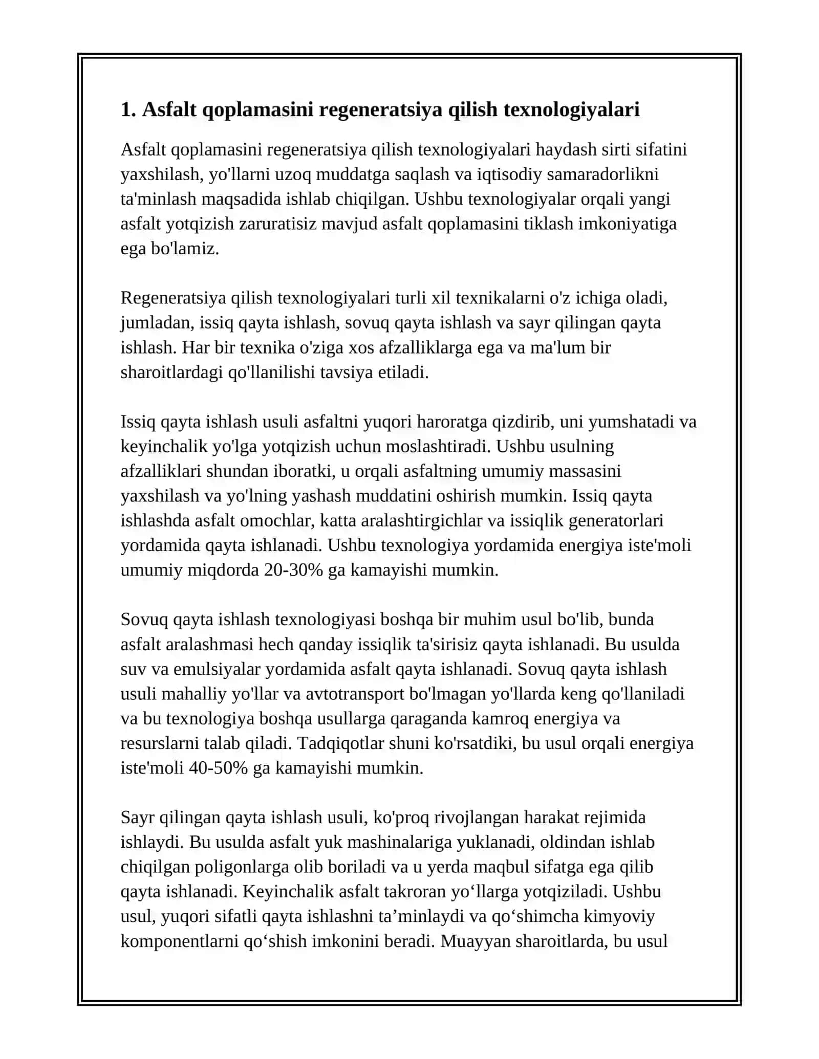 YO‘L TO‘SHAMASINING QOPLAMASINI REGENERATSIYA QILISH USULLARI VA ULARNI QO‘LLASH 3