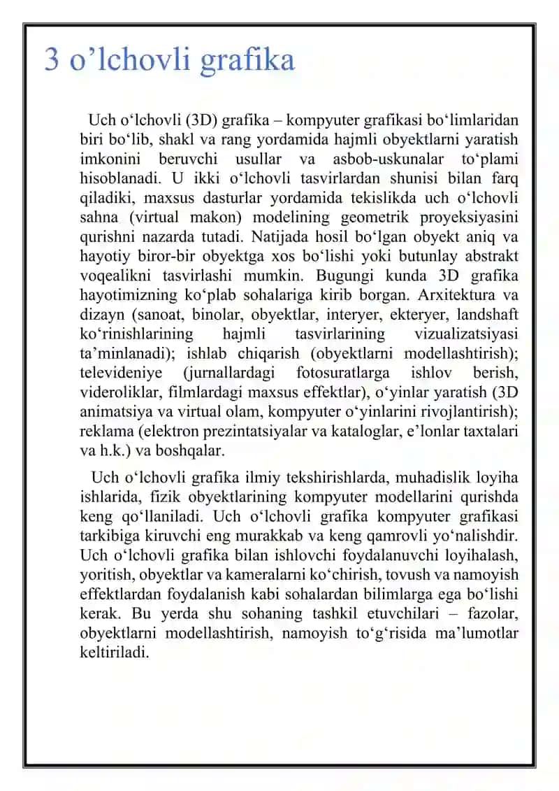3 o’lchovli grafika imkoniyatlarini loyihalashda qo’llash texnologiyalari. 3