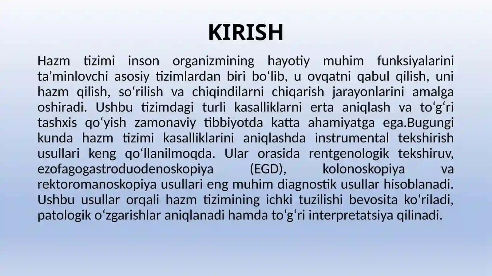 XAZM TIZIMINI INSTRUMENTAL TEKSHIRISH USULLARI: RENTGENOLOGIK, EZOFAGOGASTRODUODENOSKOPIK, KOLONOSKOPIK, REKTOROMANOSKAPIK USULLARNI INTERPRETATSIYASI 3