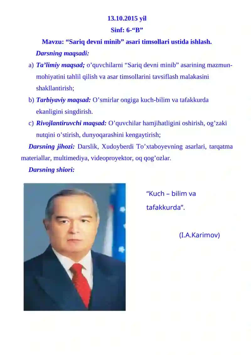 Xudoyberdi To`xtaboyevning “Sariq devni minib” asari timsollari ustida ishlash dars ishlanma. Dars ishlanma 3