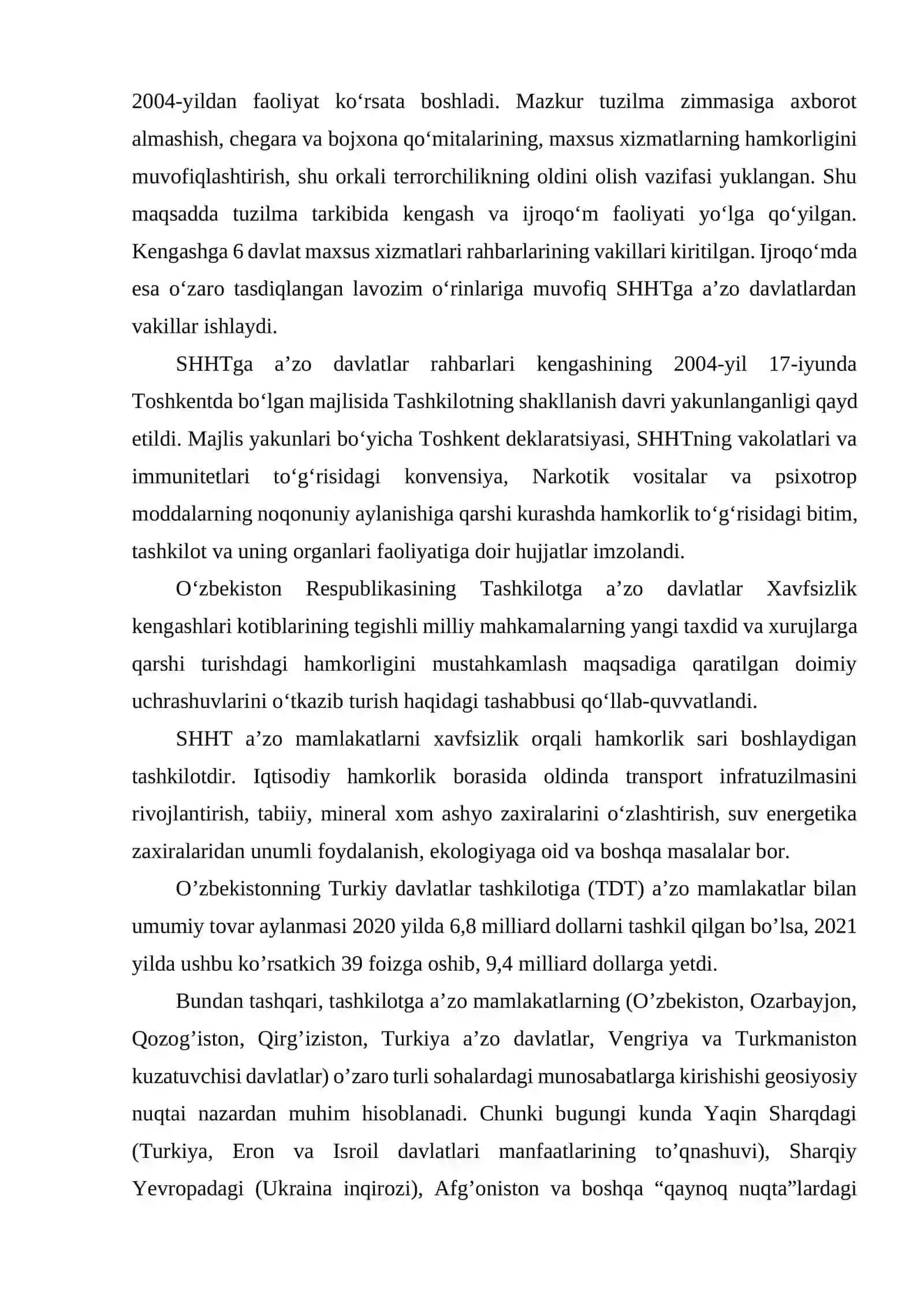 OʻZBEKISTONNI SHANHAY XAMKORLIK TASHKILOTI DAVLATLARI BILAN ALOQALARI 3