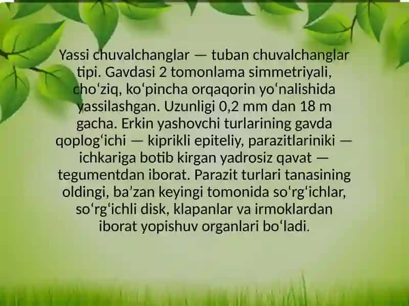 Yumaloq chuvalchanglar, askarida, ostritsa, filyariya, trixinella, egri(qiyshiq) boshli gijja, rishta, qil boshli gijja. Ovogelmintoskopiya usullari. Devastasiya. Degelmintizasiya 3
