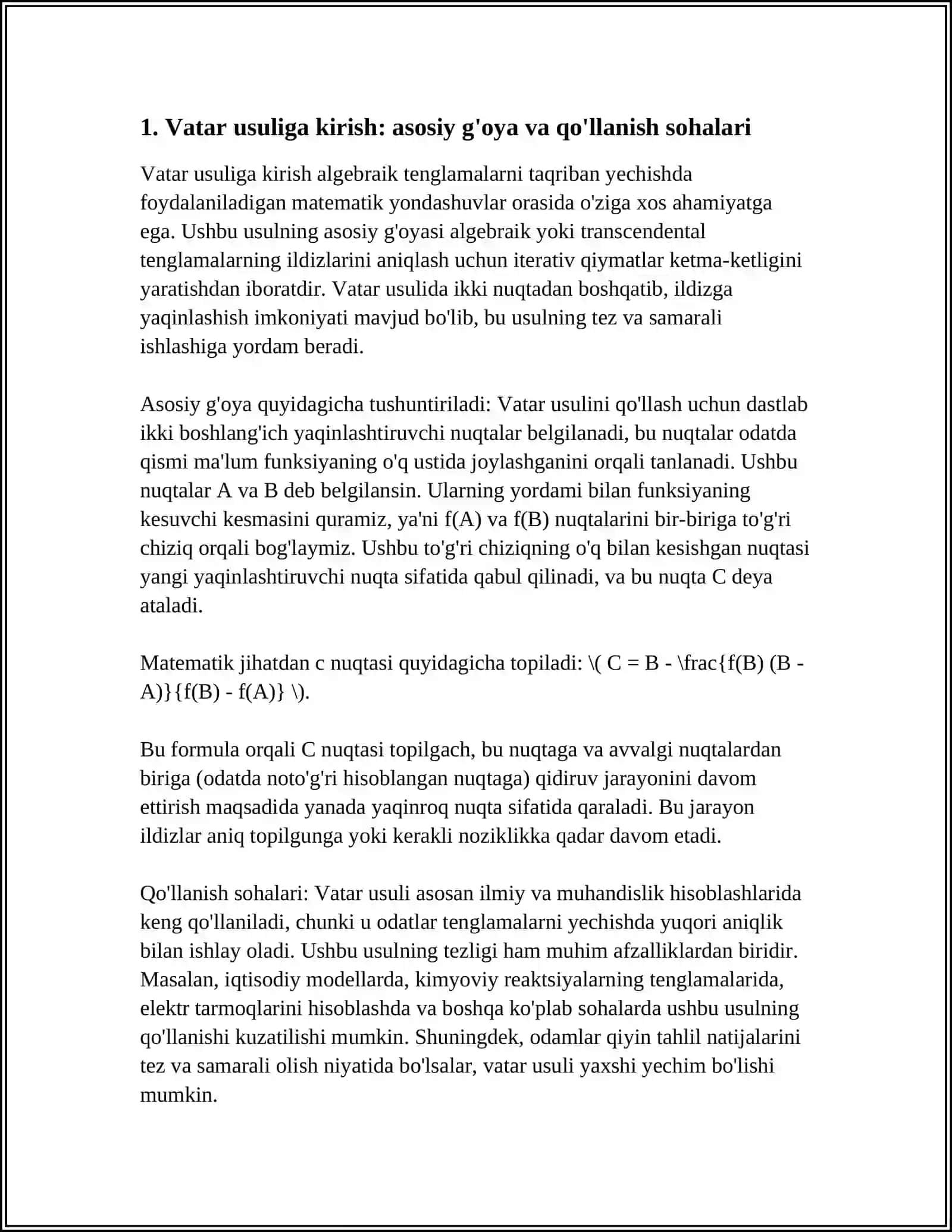 ALGEBRAIK TENGLAMALARNI VATAR USULIDA TAQRIBAN YECHISH 3