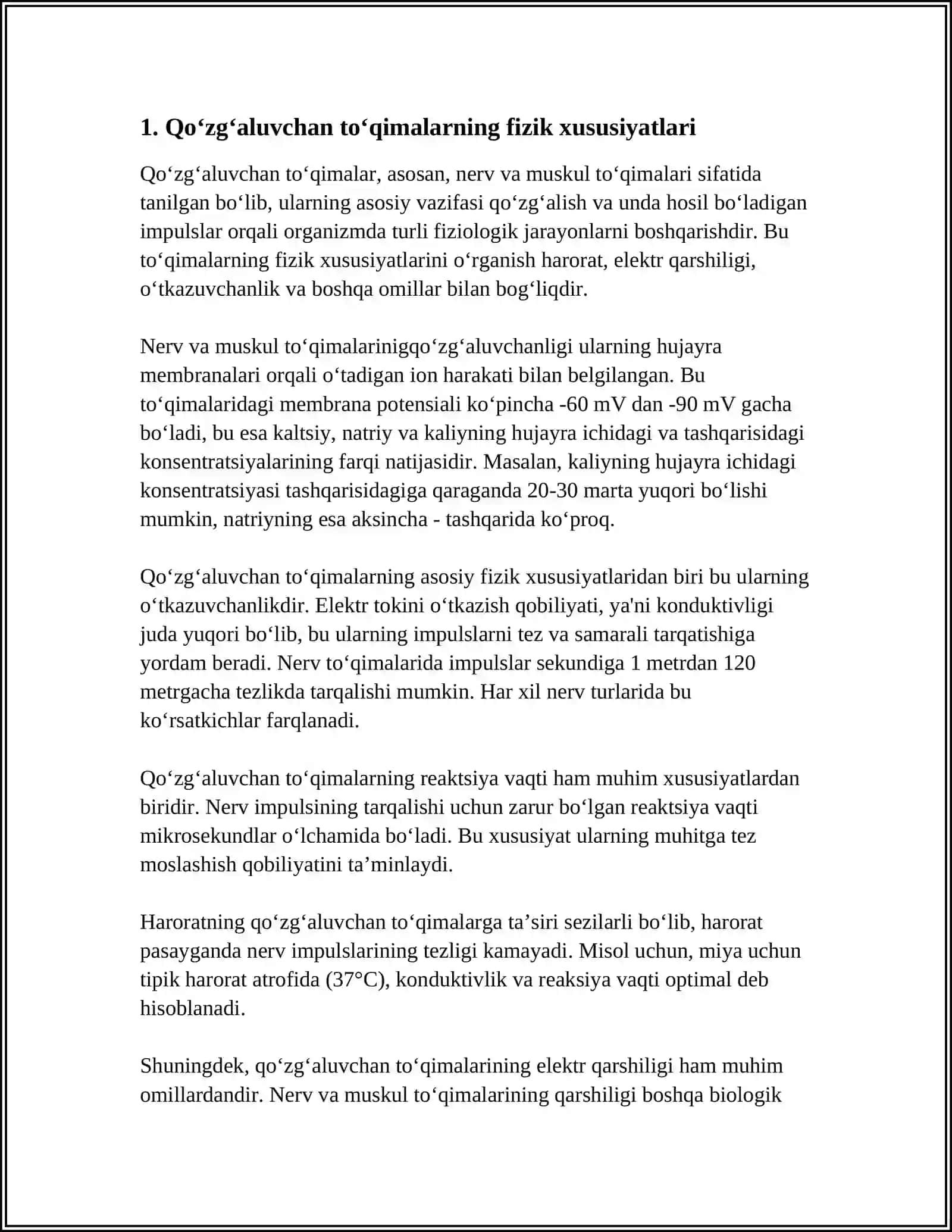 MUSTAQIL ISH Mavzu: QOʻZGʻALUVCHAN TOʻQIMALARDA BIOELEKTIRIK HODISALAR 3