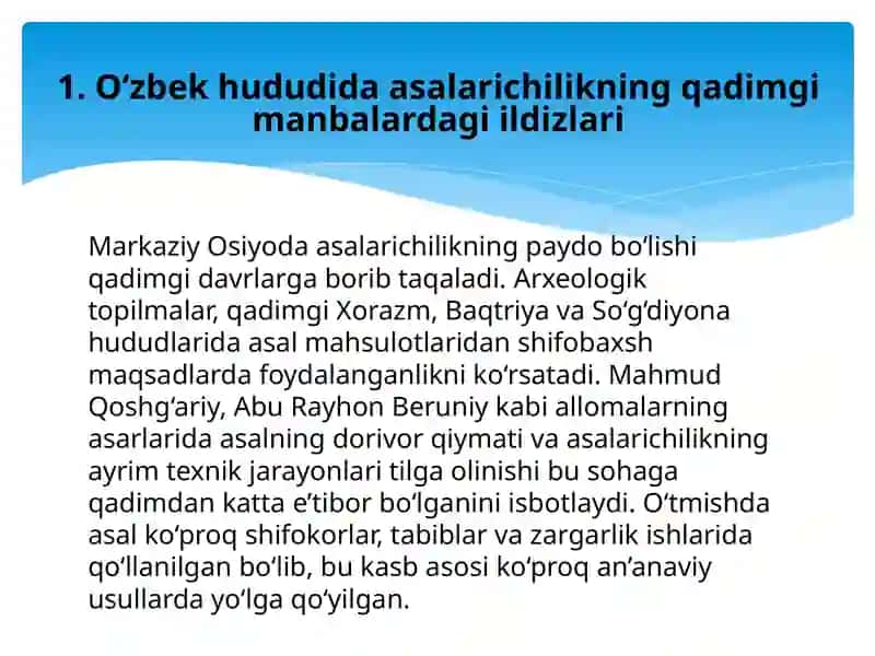 O'zbekistonda asalarichilikning rivojlanish tarixi va hozirgi holati 3