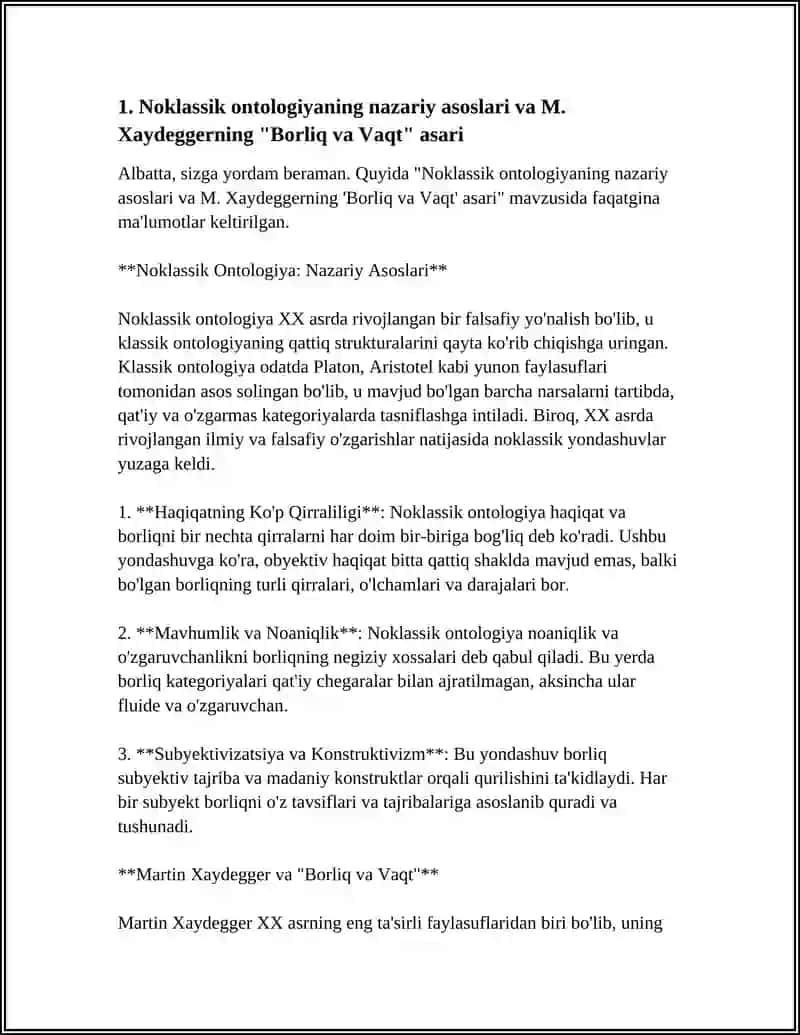 NOKLASSIK ONTOLOGIYANING YOʻNALISHLARI VA MOHIYATI.(M.XAYDAGGERNING BORLIQ VA VAQT ASARI ASOSIDA) 3