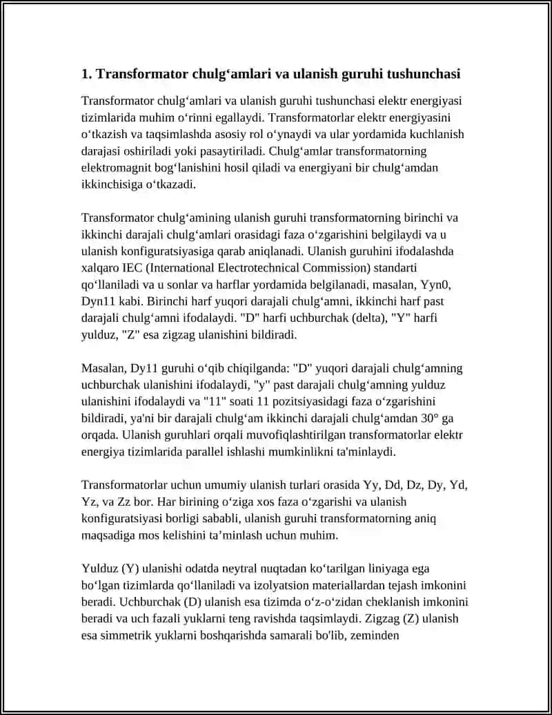 TRANSFORMATOR CHULGʻAMLARINING ULANISH GURUHLARI VA BELGILANISHLARI BILAN TANISHISH XAMDA ULARNI SXEMALARINI CHIZISH 3