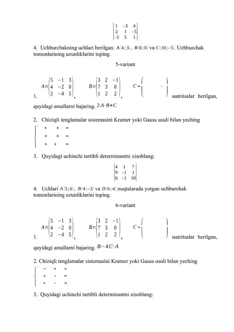 Oliy matematika fanidan oraliq nazorat ishi topshiriq variantlari 3