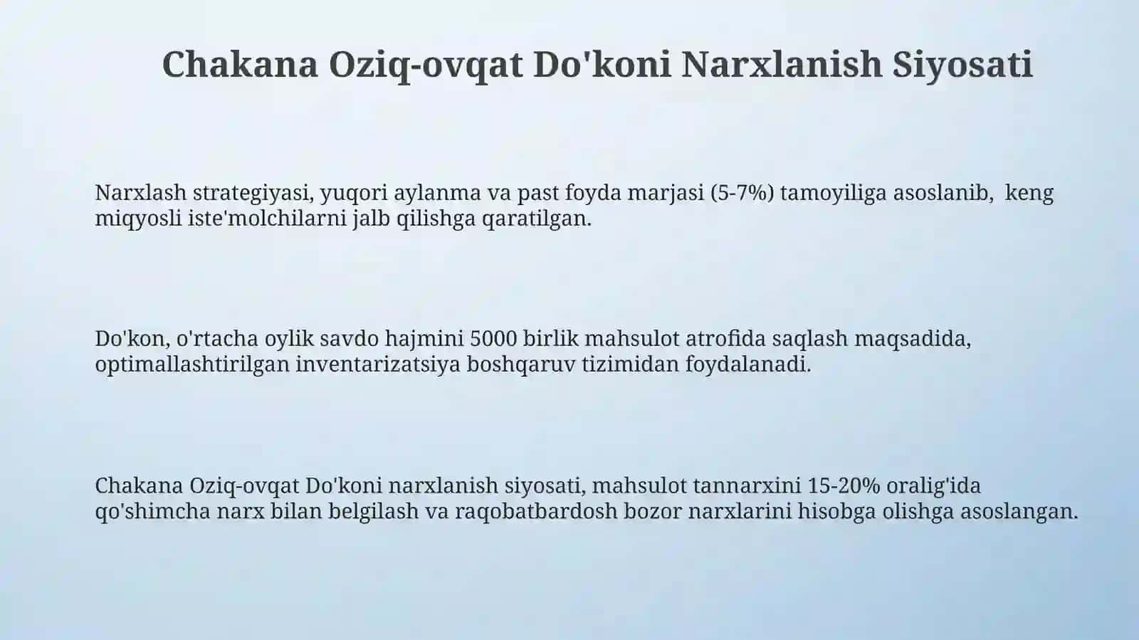 Chakanaoziqovqatdókoniningnarxlaritaʼminotvajihozlarniboshqarish 3