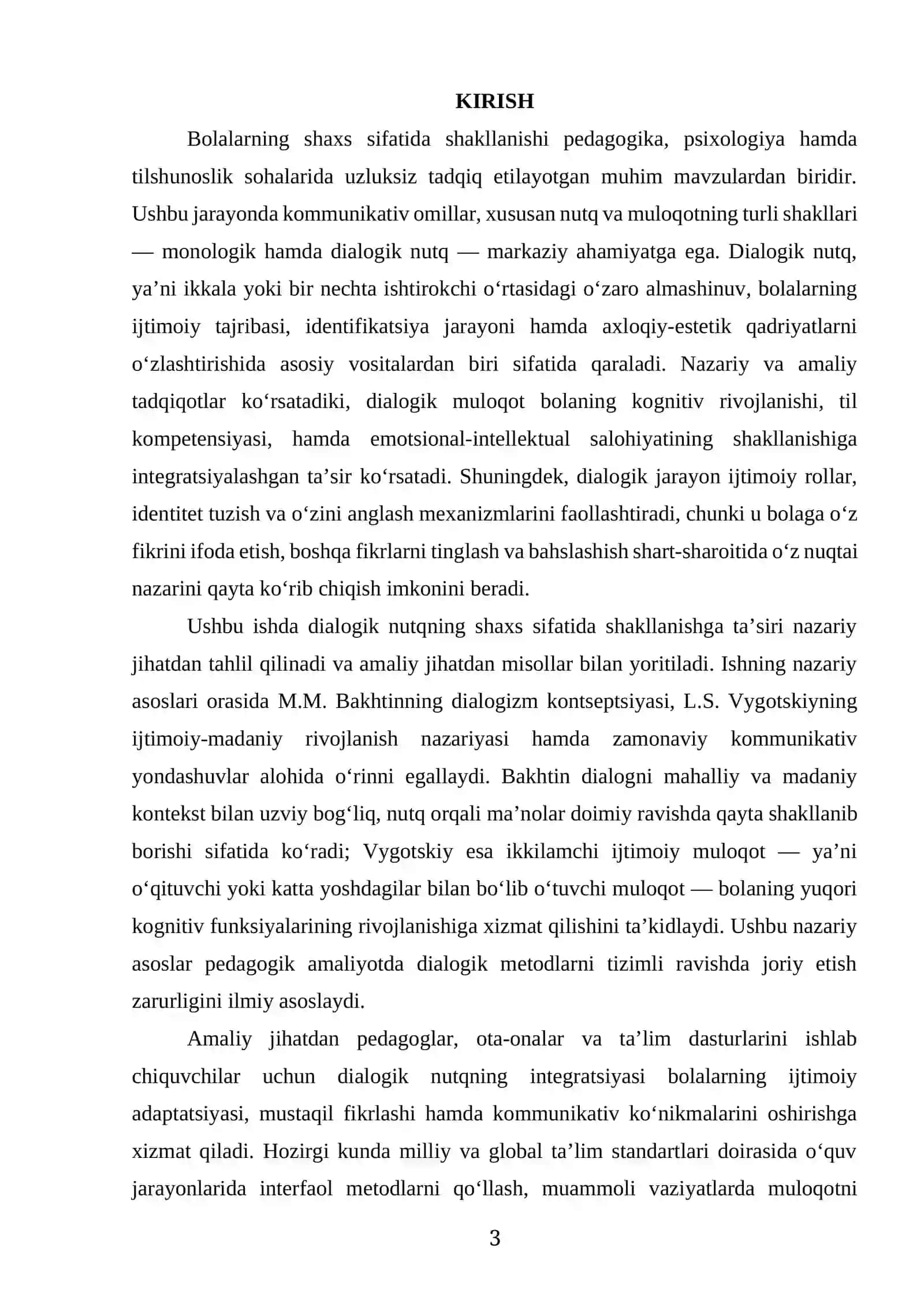 “BOLANING SHAXS SIFATIDA SHAKILLANISHIDA DIALOGIK NUTQNING AHAMIYATI” MAVZUSIDAGI KURS ISHI 3