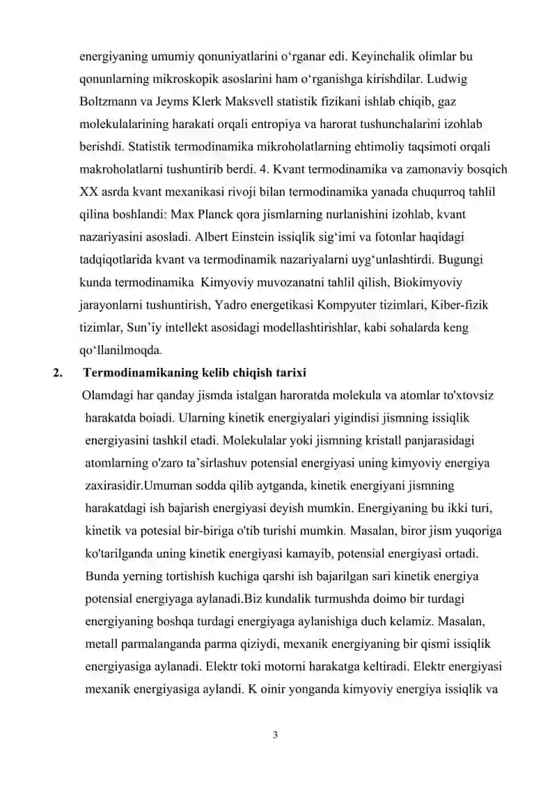 Termodinamikaning rivojlanish bosqichlari va vazifalari kurs ishi 3