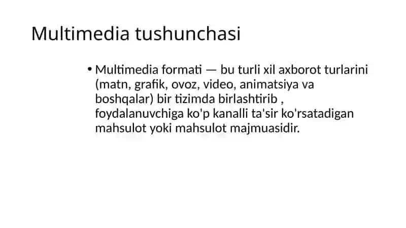 Multimedia va uning zamonaviy taminoti. Multimediadan axborot ta’minotida foydalanish. Multimediadan dasturlashda foydalanish. 3