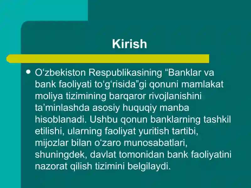 Banklar va bank faoliyati to'g'risidagi qonunning bank faoliyatini nazorat qilish bo'yicha ahmiyati 3