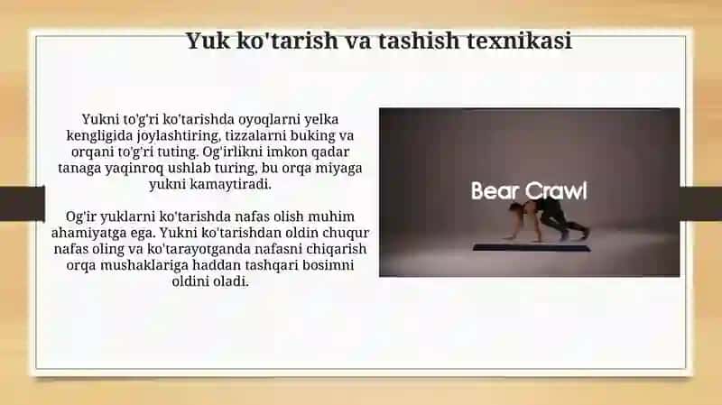 Turli buyumlami ko'tarish va ko‘tarib yurish, Emaklab o‘tish mashqlari 3