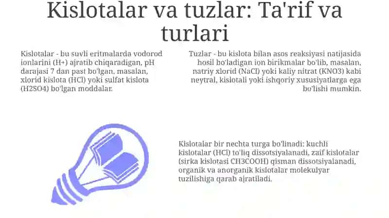 Kislota va tuzlar ularning tabiatda tarqalishi nomlanishi olinishi va kimyoviy hosslari 3