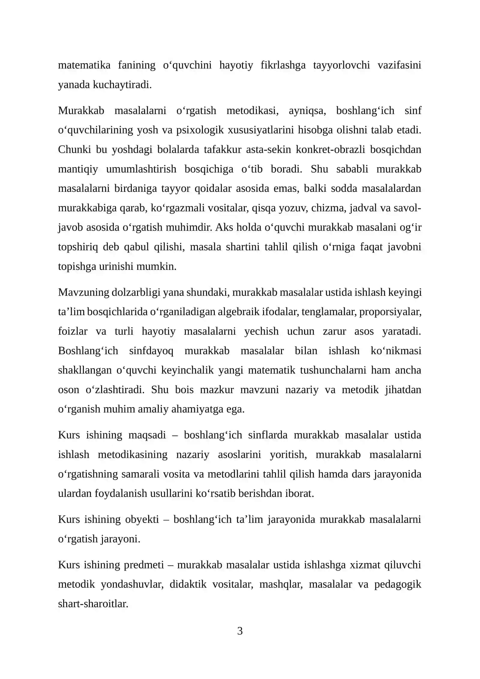 BOSHLANG‘ICH SINFLARDA MURAKKAB MASALALAR USTIDA ISHLASH 3