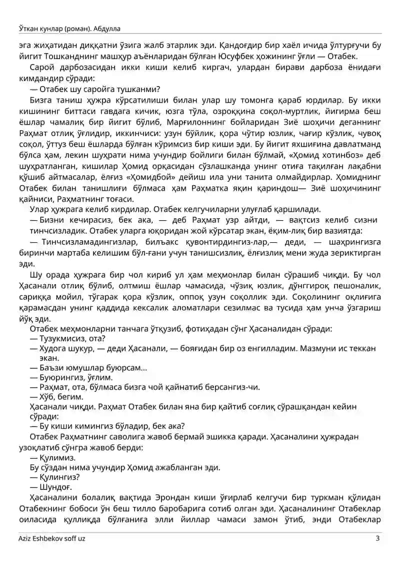 Oʻtkan kunlar Abdulla Qodiriy Romani 3