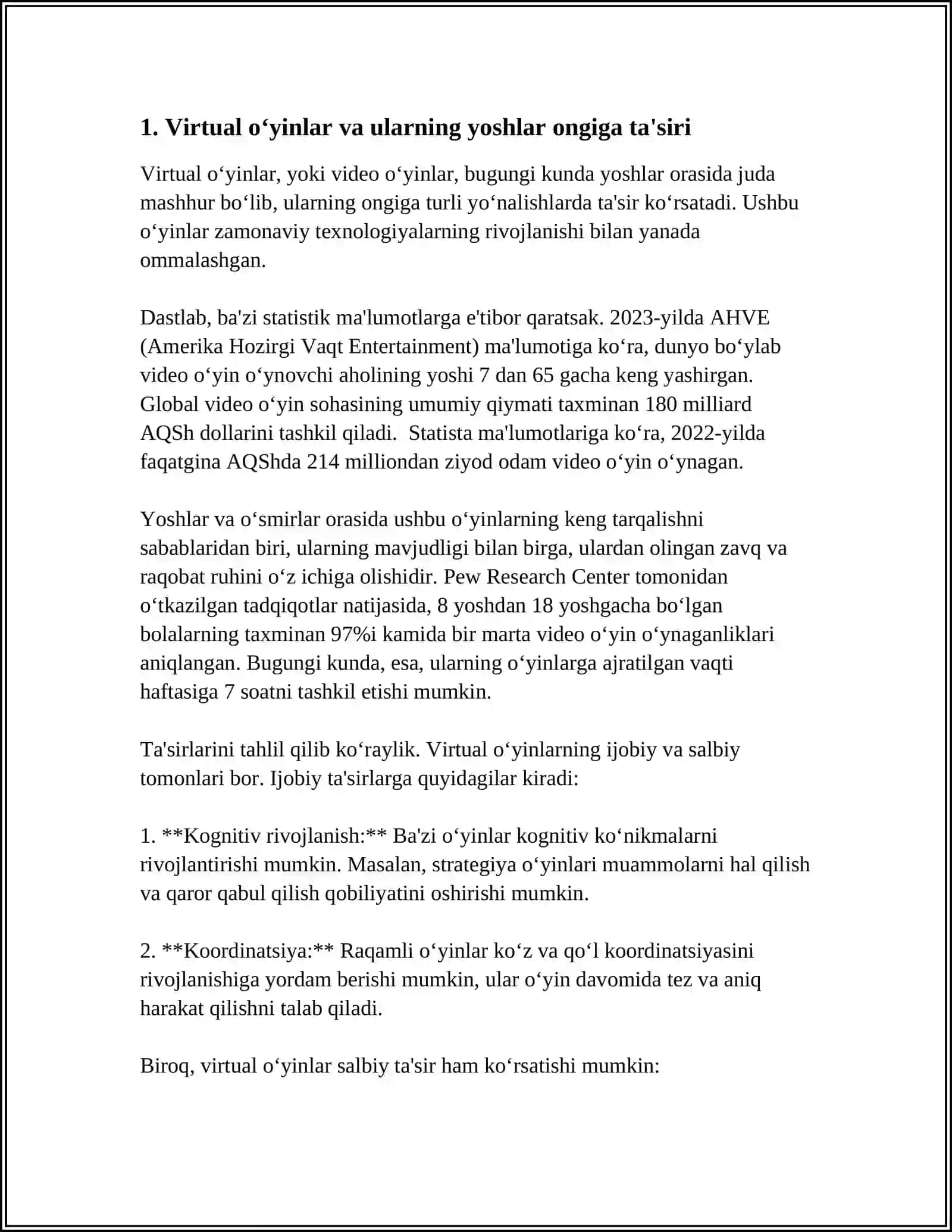 VERTUAL OʻYINLARNING YOSHLAR ONGIGA TASIRI VA SALBIY OQIBATLARI 3
