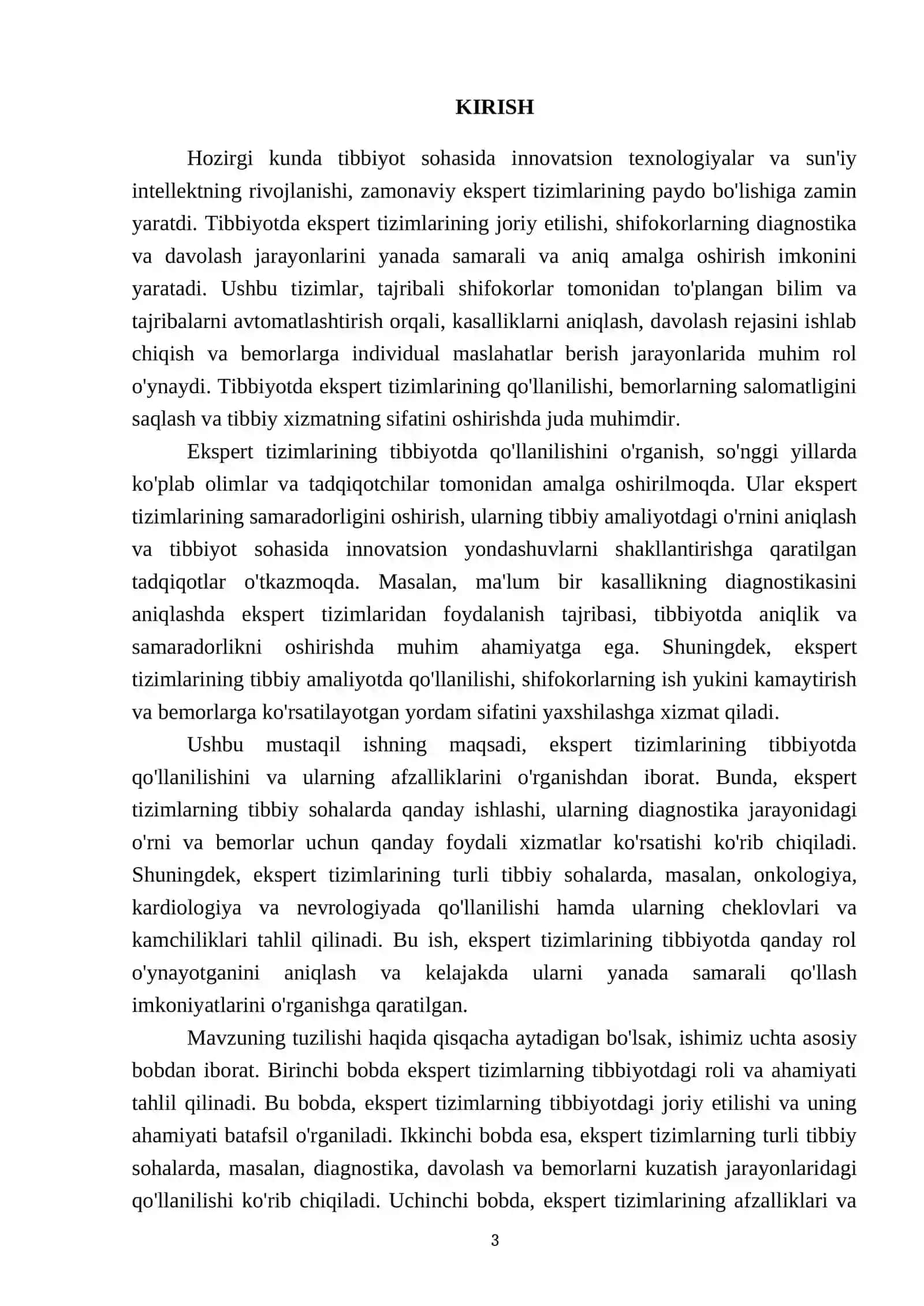 Ekspert tizimlarining tibbiyotda qo'llanilishi haqida menga Mustaqil ish to'liq varianti bn tayyorlab ber Kirish qismi Reja Xulosa va foydalanilgan adabiyotlar ro'yxati ham boʻlsin 3