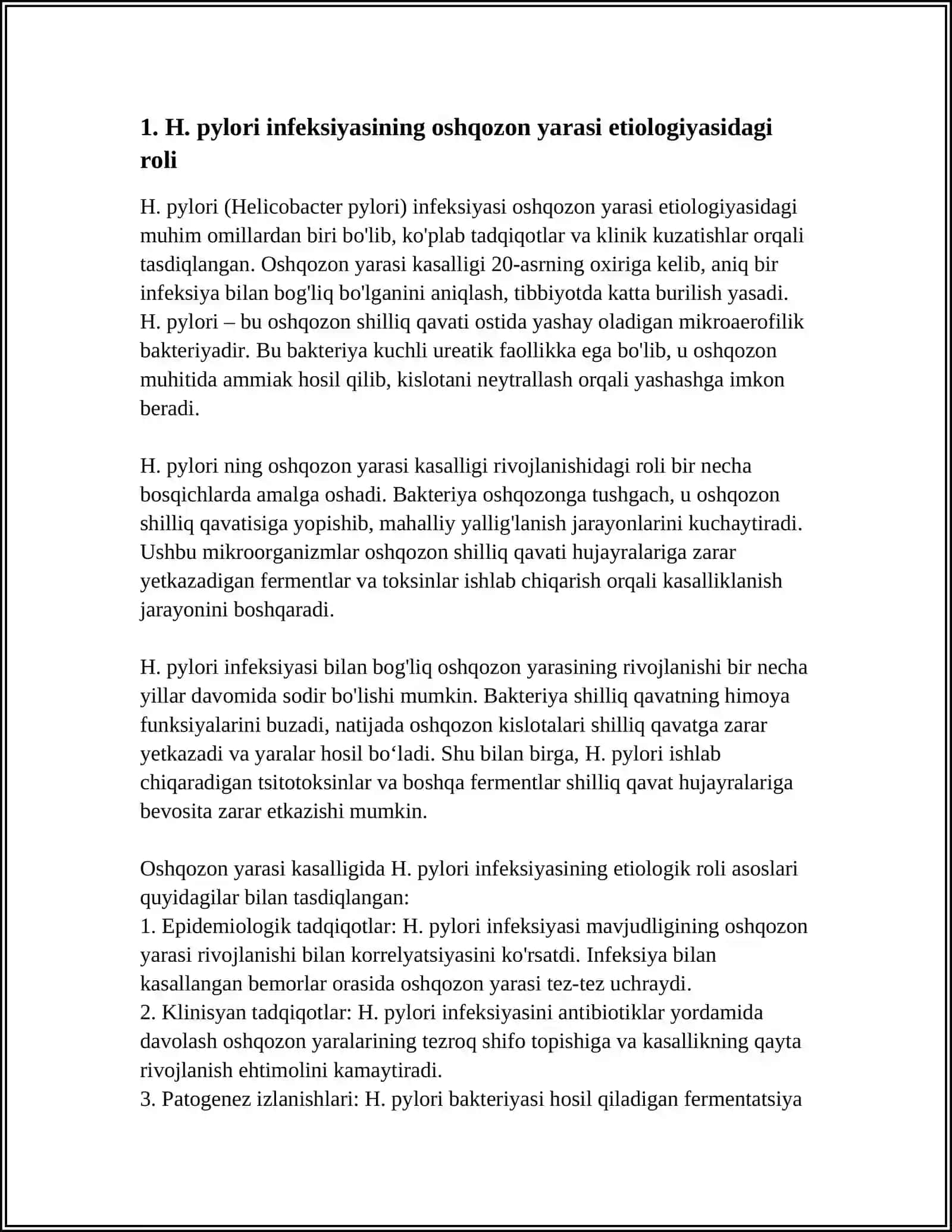 OSHQOZON YARA KASALLIGI ETIOLOGIYASI VA PATOLOGIYASIDAGI ZAMINAVIY ASPEKTLAR 3