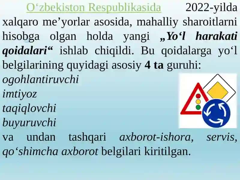 YO‘L BELGILARINING TASNIFI ULARNI JOYLASHTIRISHNING UMUMIY TAMOYILLARI 3