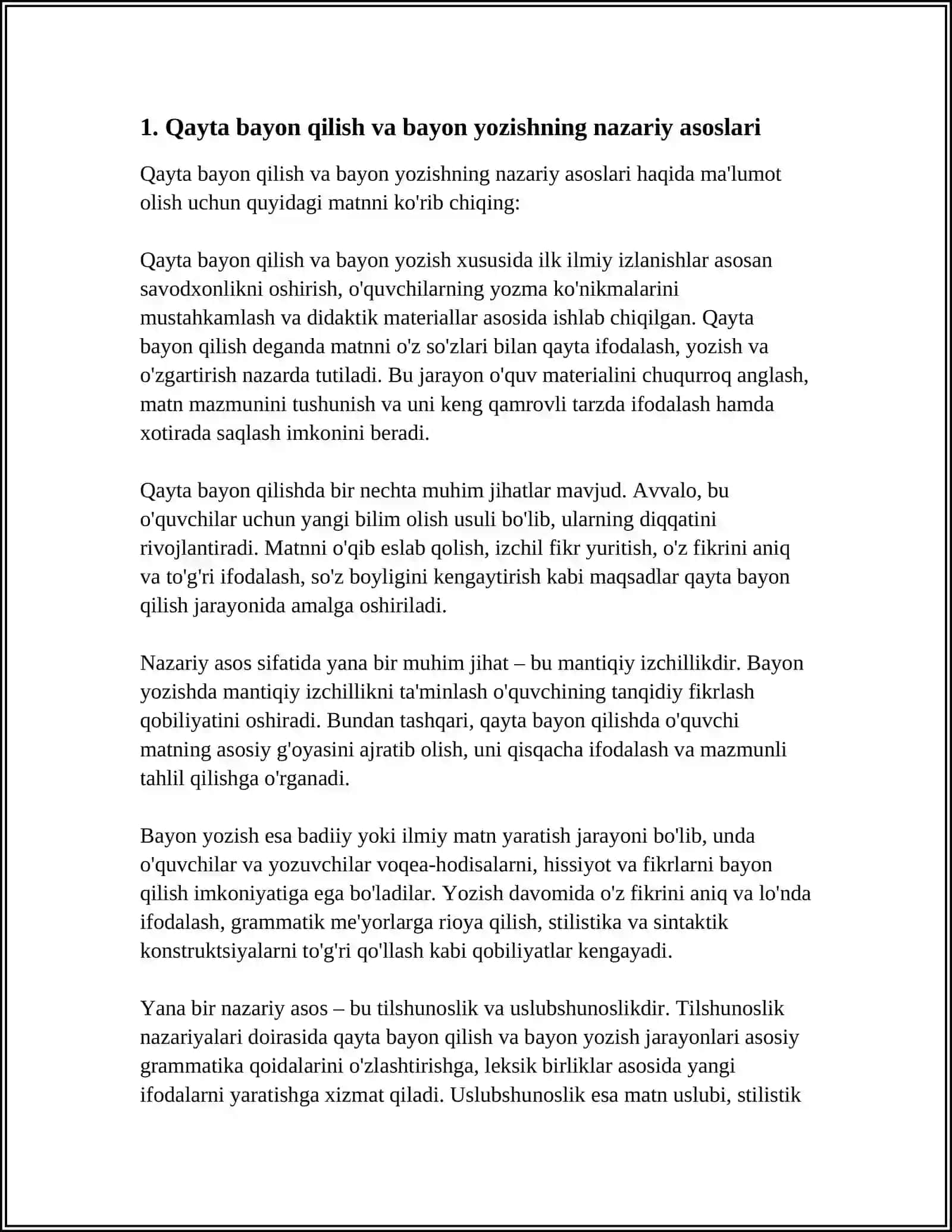3-4-SINFLARDA NAMUNAVIY MATNNI QAYTA BAYON QILISH VA BAYON YOZISH DARSLARINI KUZATISH VA TAHLIL QILISH 3