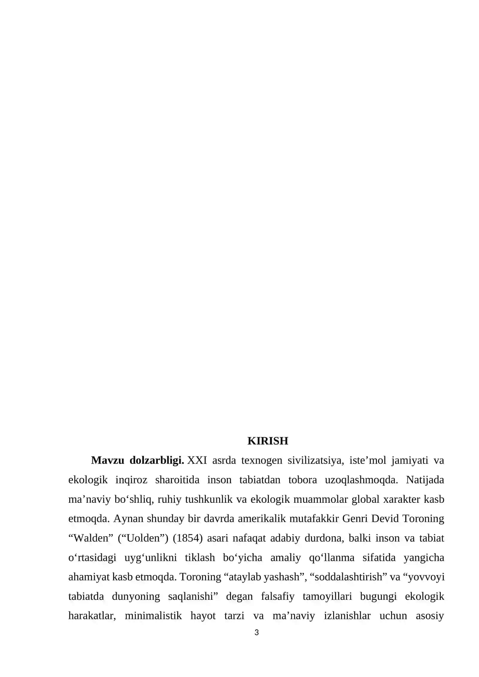 "Walden" asarida tabiat va insonning ma'naviy uyg'unligi mavzusidagi KURS ISHI 3