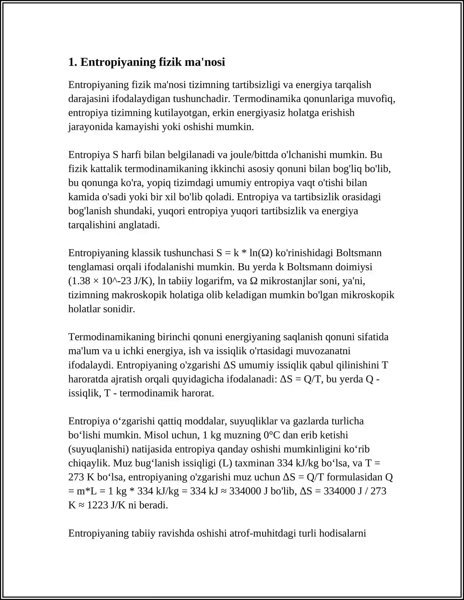 OCHIQ TIZIMLARDA ENTROPIYANING LOKAL KAMAYISHI.DISSIPATIV STRUKTURALAR 3