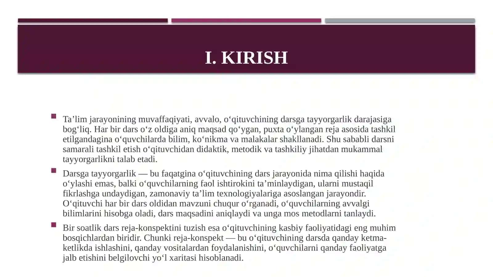 DARSNI TASHKIL QILISHGA TAYYORGARLIK, BIR SOATLIK DARS REJA KONSPEKTINI TAYYORLASH 3