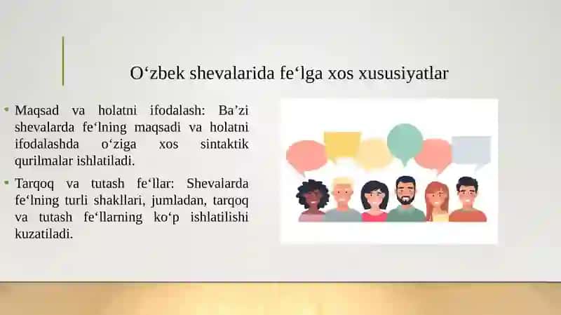 O‘zbek shevalarida fe'lga xos xususiyatlar. Shevalarda so‘z yasalishi va sintaktik tahlil. O‘zbek adabiy tilining tayanch shevalari 3