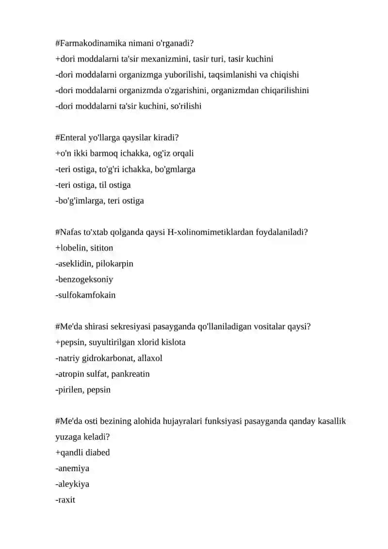 Farmakologiya fanidan 500 talik test, javoblari bilan 3
