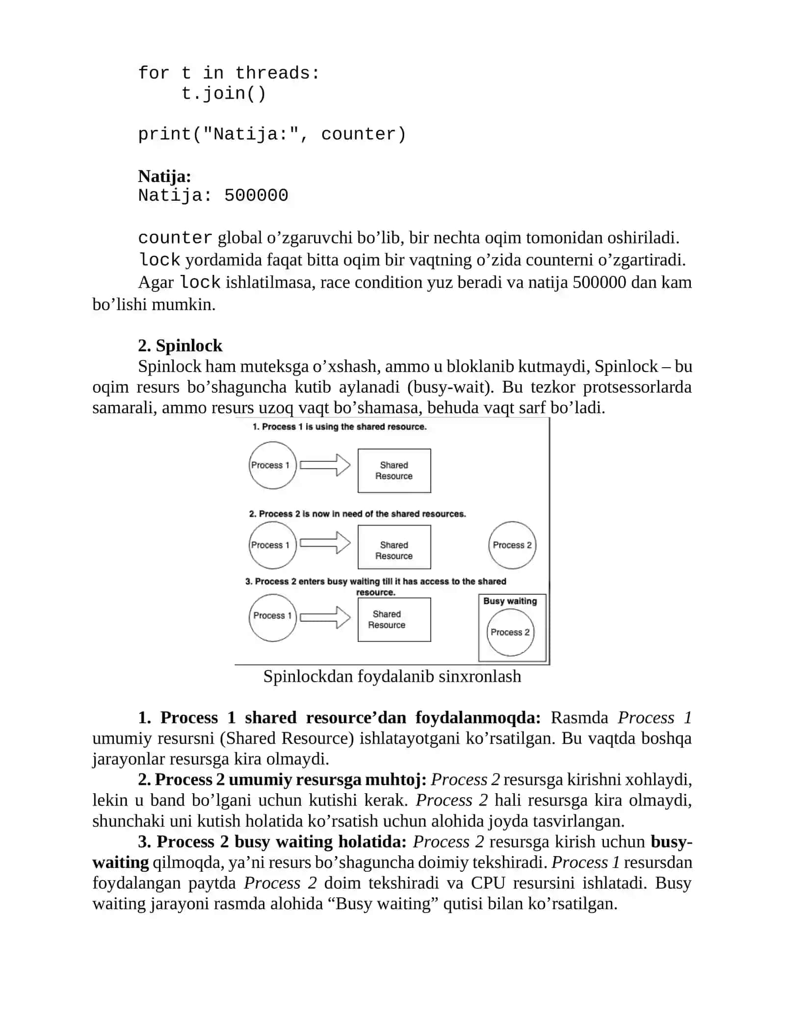 Sinxronlashni amalga oshirish. Parallel ishlov berishda sinxronlashtirish jarayonlari. Lock/Mutex (Mutual Exclusion), semafora (Semaphore), to‘siq (Barrier), spinlock tushunchalari 3