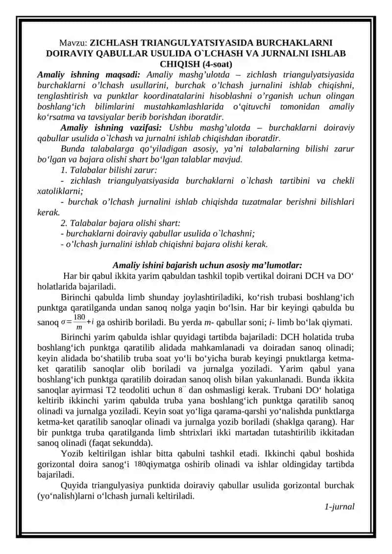 GEODEZIYA-II FANIDAN AMALIY TOPSHIRIQLARNI BAJARISH UCHUN M E T O D I K K O’ R S A T M A 3