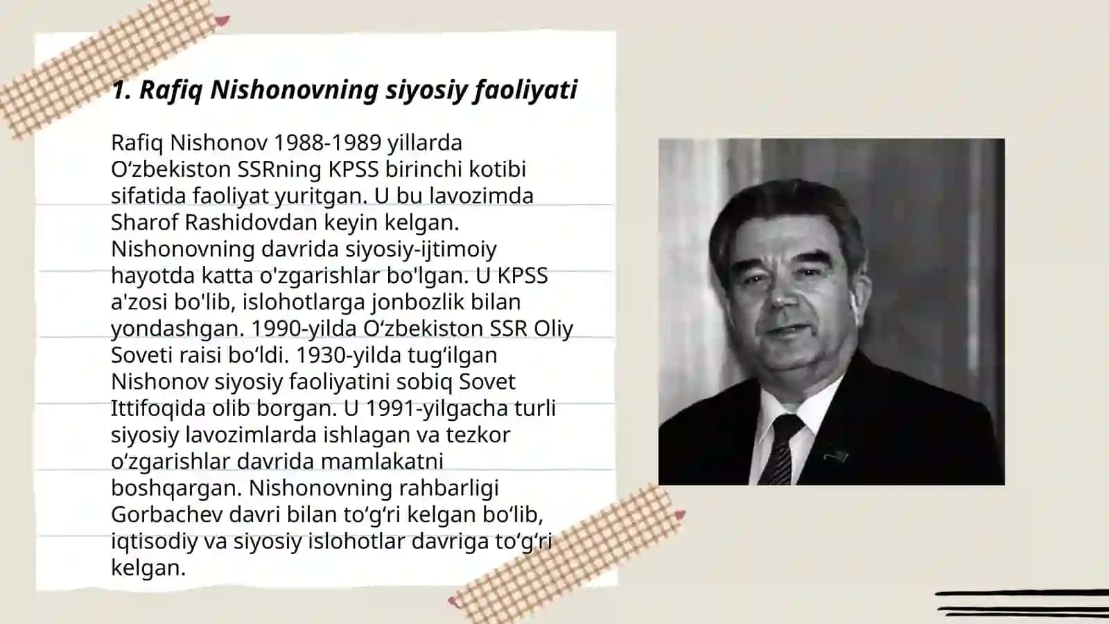 Rafiq Nishonovning yurtimiz hayotida tutgan órni Ĝulomova Ruhshona 3