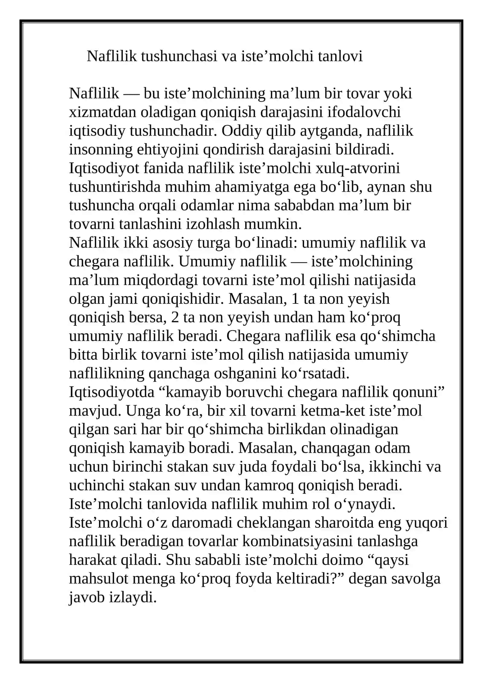 Naflilik va befarqlik egri chizig’i REFERAT 3