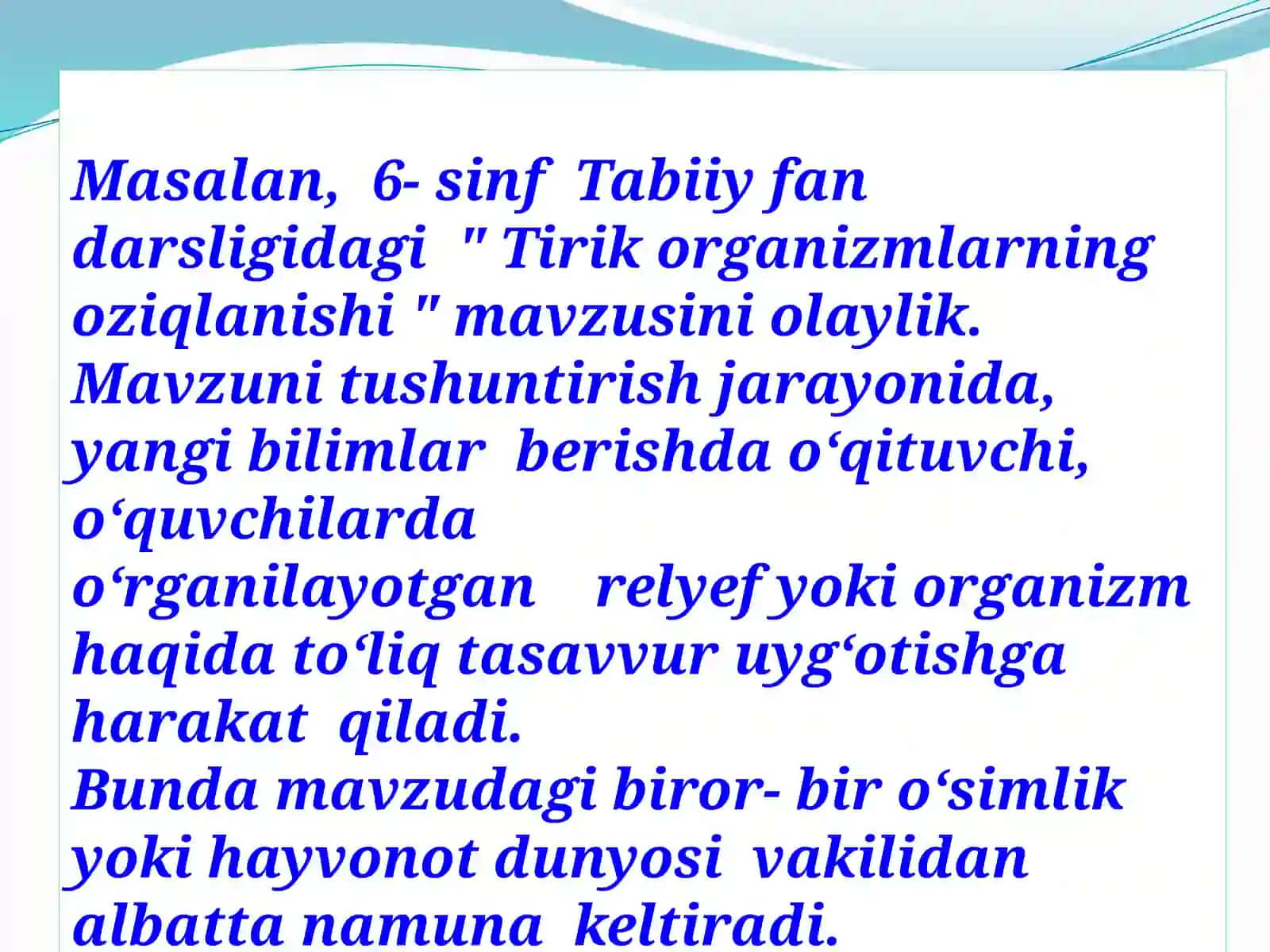 6-sinf Tabiiy fan Tirik organizmlarning oziqlanishi dars ishlanma O'qituvchilarga / 6-11 Sinf Dars ishlanmalar 3