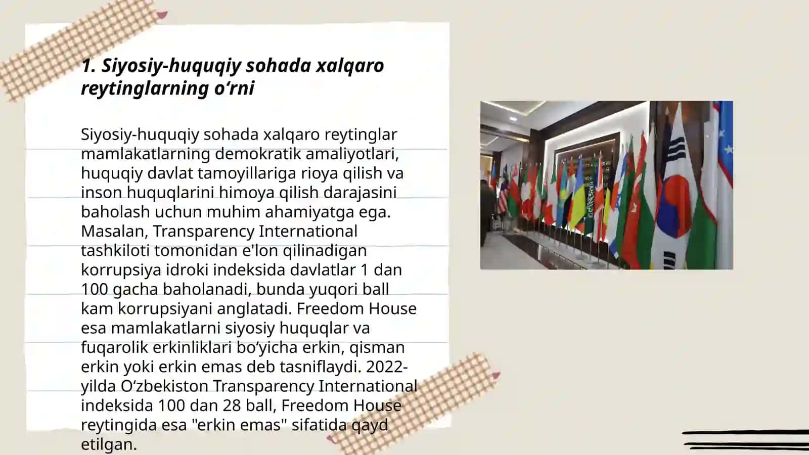 Siyosiy-huquqiy sohadagi ustuvor xalqaro reytinglar va ularga Oʻzbekistonnning integrallashuvi 3