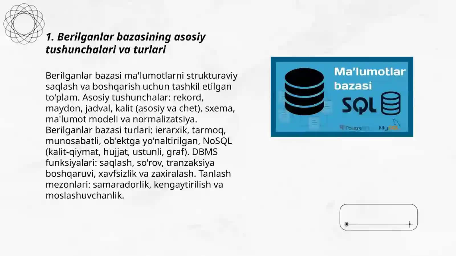 Berilganlar bazasi va ularni boshqarish tizimlari bilan ishlashni o'rganish 3
