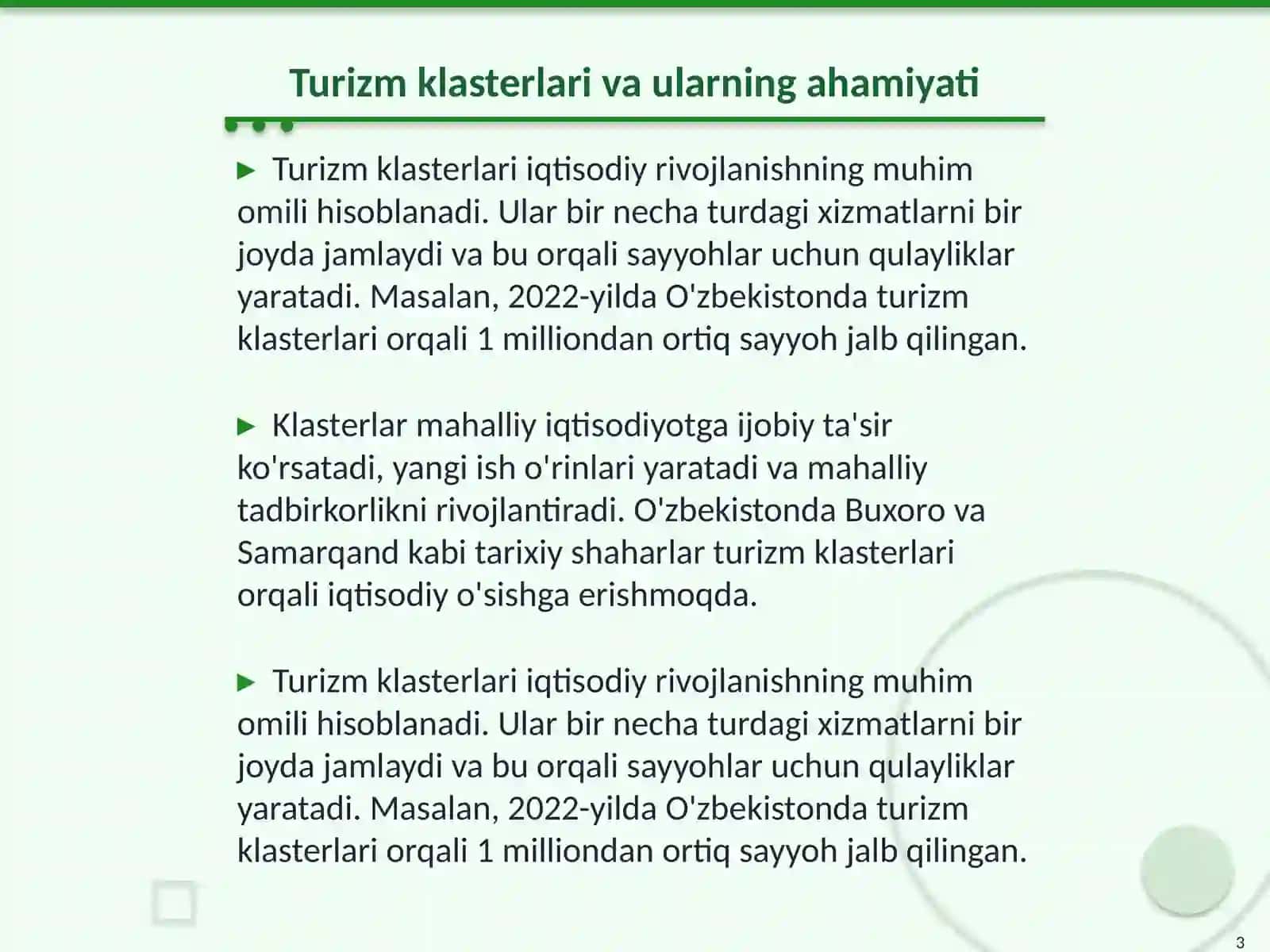 Turizm klasterlarini shakllantirishda davlat, xususiy sektor va mahalliy hamjamiyat manfaatlarini uyg‘unlashtirish masalalari 3