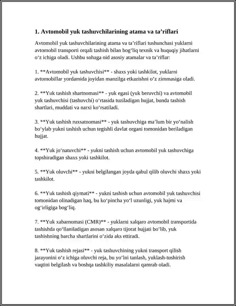 AVTOMOBIL DA YUK TASHUVCHILAR UCHUN AT. TAʼRIF LAR VA MASHRUTLAR MODULI 3