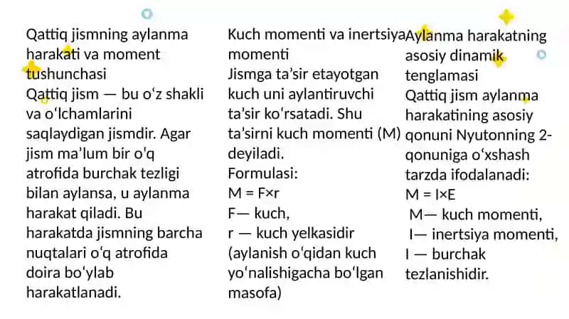 Qattiq jism aylanma harakat dinamikasining asosiy qonuni. Giroskoplar 3