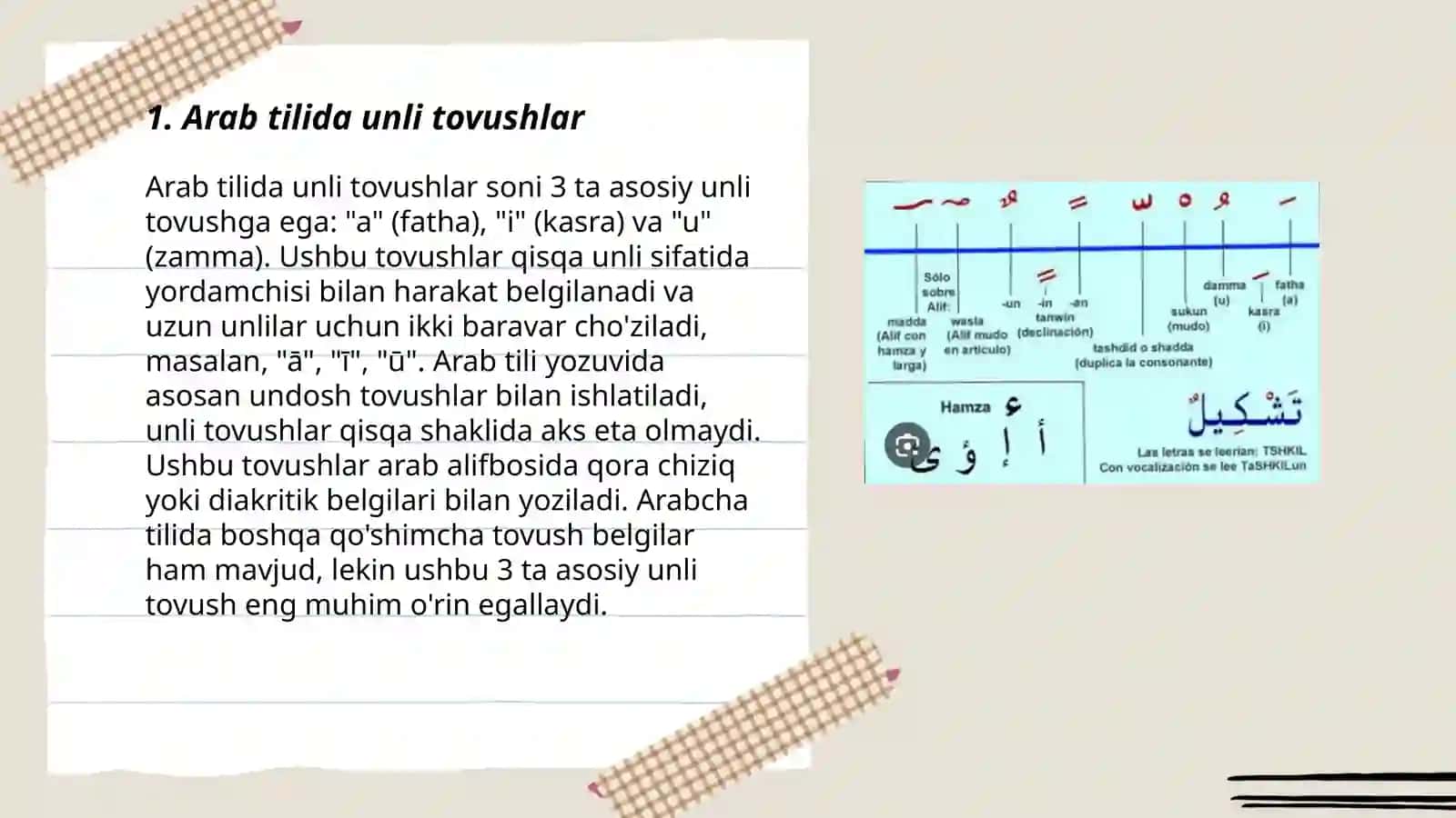 Arab tilida unli tovushlar va ularning yozuvda ifodalanishi 3