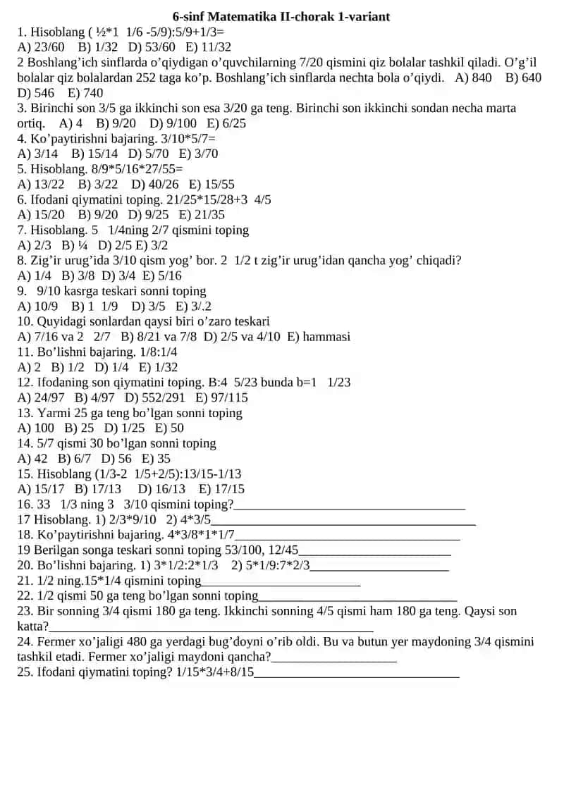 6-sinf Matematika 1-CHORAK 1- VARIANT 3
